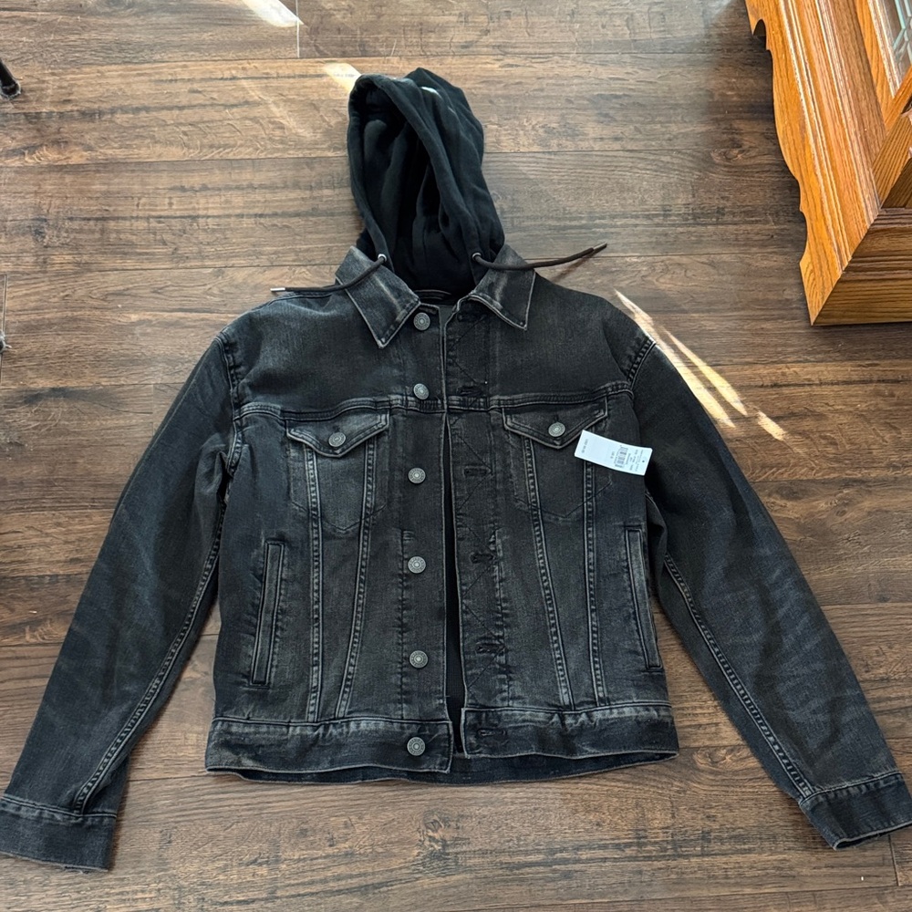 American Eagle  Black Denim Jacket with Hood